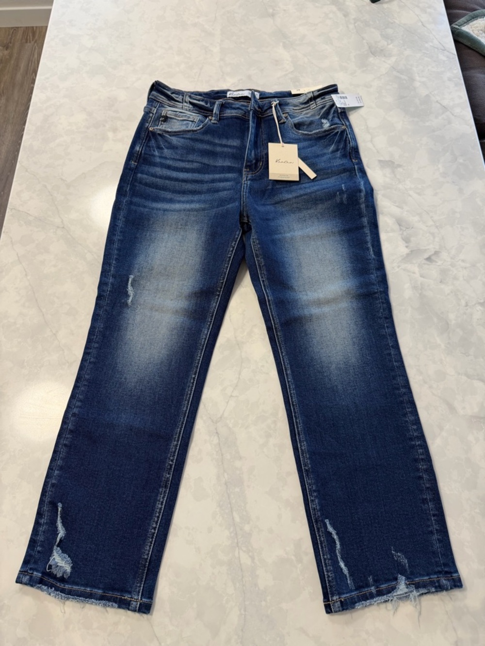 KanCan Women’s Dark Blue Straight Leg Jeans with Distressed Hem
